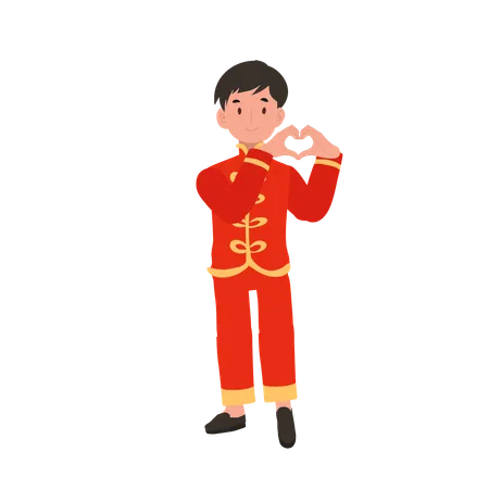 Menino em vestido tradicional chinês mostrando coração  Illustration