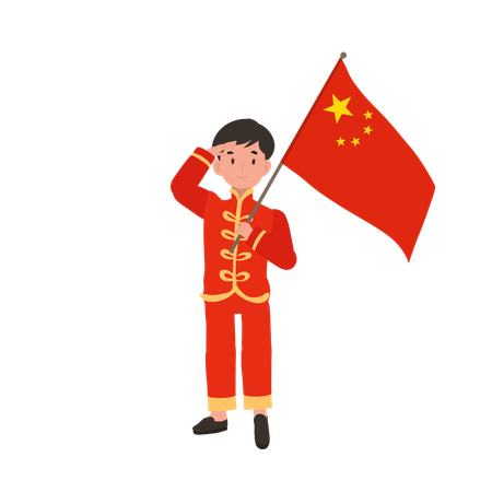 Menino com vestido tradicional chinês, segurando a bandeira vermelha  Ilustração