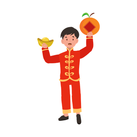 Menino com vestido tradicional chinês segurando doce chinês e laranja em ambas as mãos  Ilustração