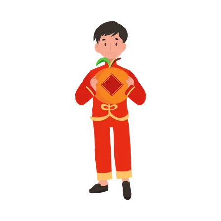 Menino com vestido tradicional chinês segurando uma grande laranja  Ilustração