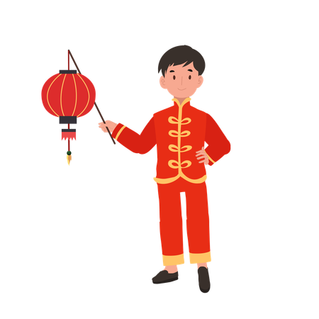 Menino com vestido tradicional chinês segurando uma lanterna vermelha  Ilustração