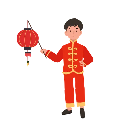 Menino com vestido tradicional chinês segurando uma lanterna vermelha  Ilustração