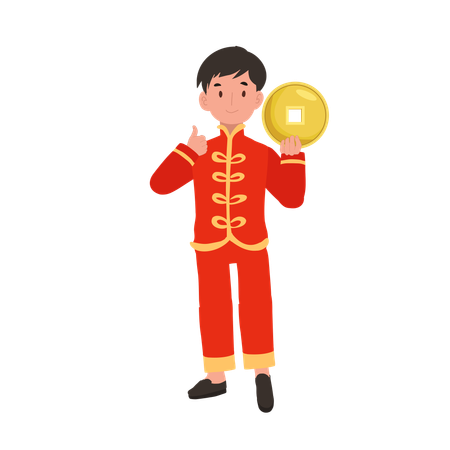 Menino com vestido tradicional chinês segurando uma moeda de ouro  Ilustração