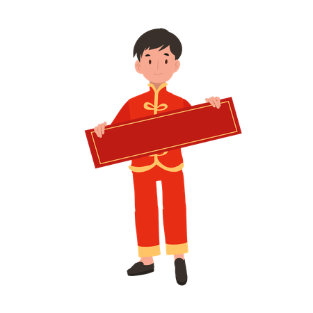 Menino com vestido tradicional chinês, segurando papel vermelho  Ilustração