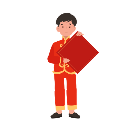 Menino com vestido tradicional chinês, segurando papel vermelho  Illustration