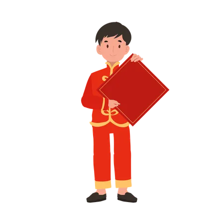 Menino com vestido tradicional chinês, segurando papel vermelho  Illustration