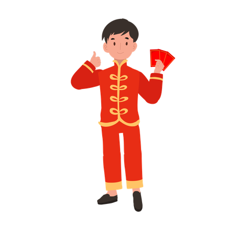 Menino com vestido tradicional chinês, segurando um envelope vermelho  Ilustração