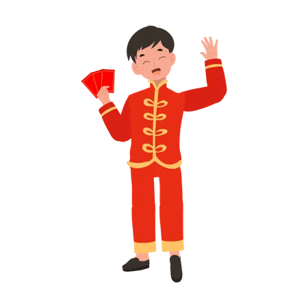 Menino com vestido tradicional chinês, segurando um envelope vermelho  Ilustração
