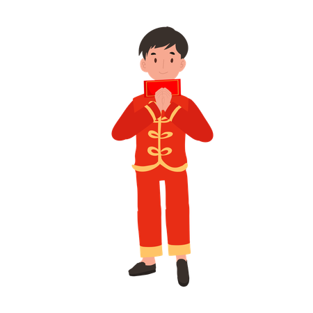 Menino com vestido tradicional chinês, segurando um envelope vermelho  Illustration