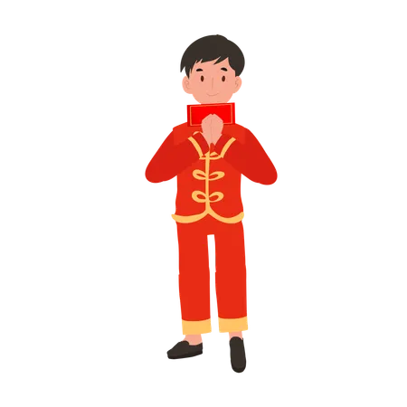 Menino com vestido tradicional chinês, segurando um envelope vermelho  Illustration