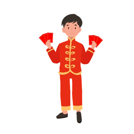 Menino com vestido tradicional chinês, segurando um envelope vermelho  Illustration