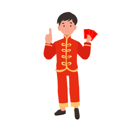 Menino com vestido tradicional chinês segurando envelope vermelho e apontando o dedo  Ilustração