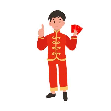 Menino com vestido tradicional chinês segurando envelope vermelho e apontando o dedo  Ilustração