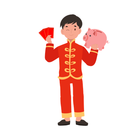 Menino com vestido tradicional chinês segurando envelope vermelho e cofrinho  Illustration