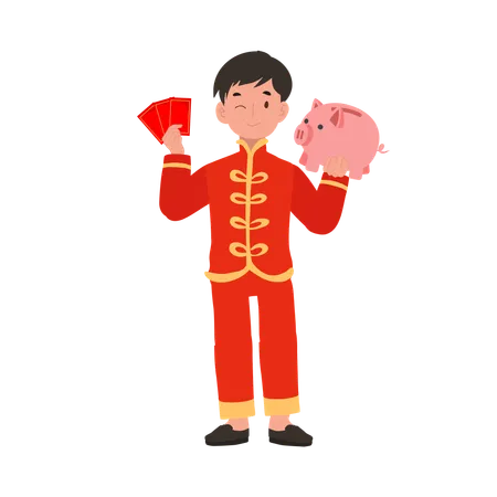 Menino com vestido tradicional chinês segurando envelope vermelho e cofrinho  Illustration