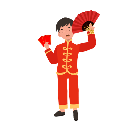 Menino com vestido tradicional chinês segurando envelope vermelho e leque de mão  Ilustração