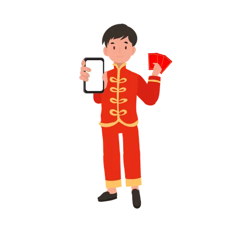 Menino com vestido tradicional chinês segurando envelope vermelho e celular  Ilustração