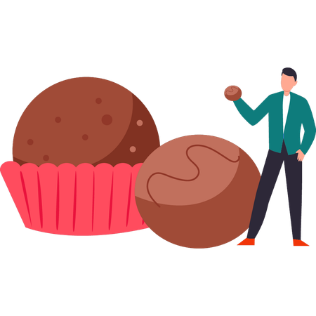 Garoto come um muffin de chocolate e um biscoito  Ilustração