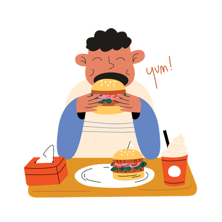 Menino come hambúrguer  Ilustração