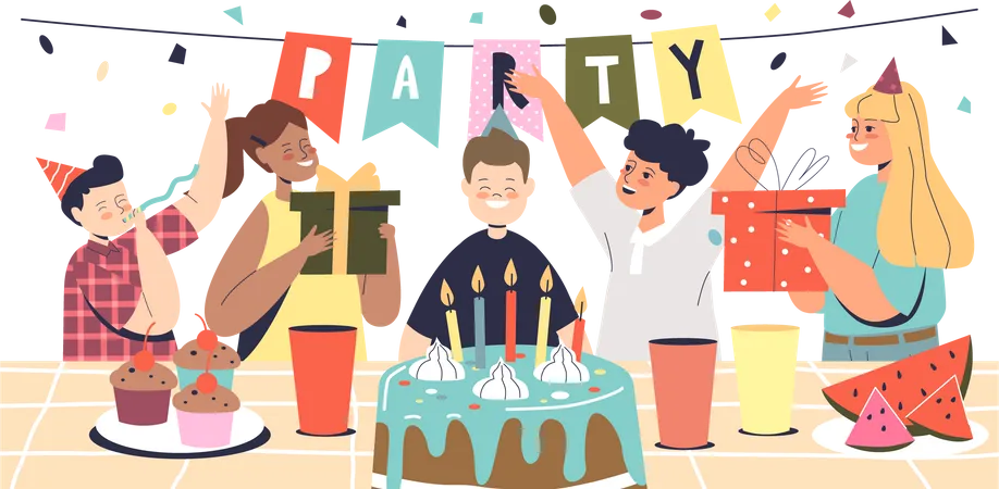 Garoto comemora aniversário com amigos  Ilustração