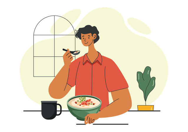 Menino comendo comida em casa  Ilustração