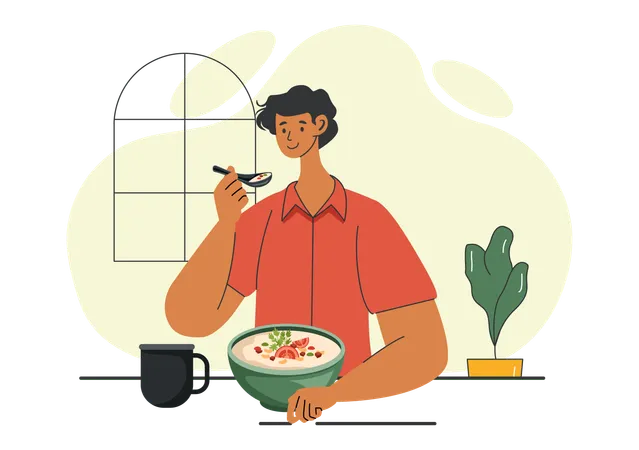 Menino comendo comida em casa  Ilustração