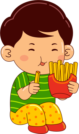 Menino comendo batatas fritas  Ilustração