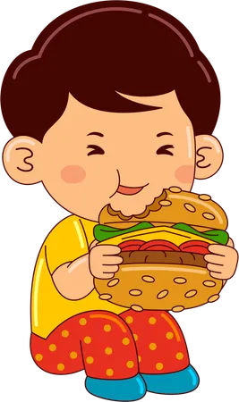 Menino comendo hambúrguer  Ilustração
