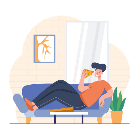 Menino comendo pizza no sofá  Ilustração