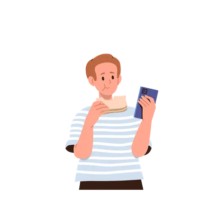 Menino comendo sanduíche assistindo vídeo no smartphone  Ilustração