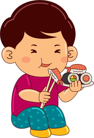 Menino comendo sushi  Ilustração