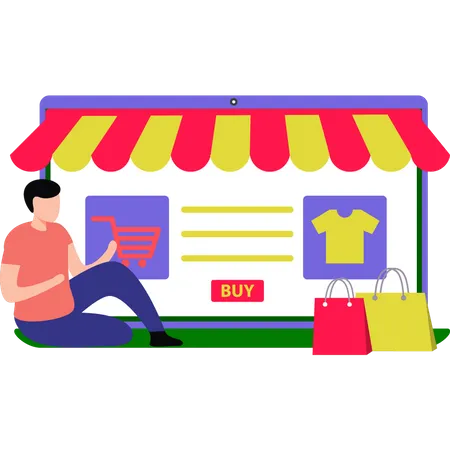 Menino comprando roupas online  Ilustração