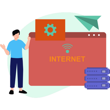 Garoto configurando servidor de internet  Ilustração