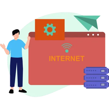 Garoto configurando servidor de internet  Ilustração