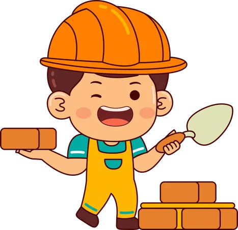 Menino construtor fazendo parede  Ilustração