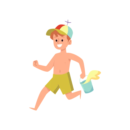 Personagem De Desenho Animado De Menino Bonito Correndo Com Balde Para Brincar Com Areia Na Costa Do Mar Garoto Engracado Nas Ferias De Verao Ilustração