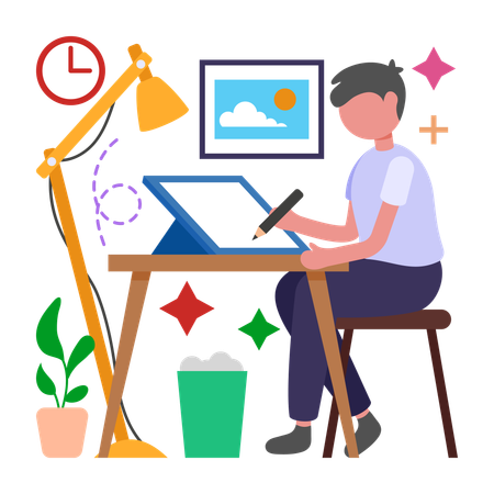 Menino cria designs usando tablet  Ilustração