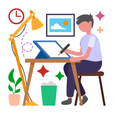 Menino cria designs usando tablet  Ilustração