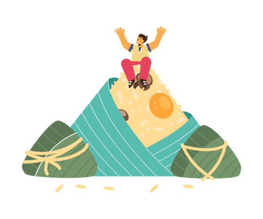 Menino feliz sentado em um zongzi gigante  Ilustração