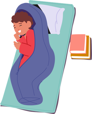 Personagem de menino pacífico dorme em uma esteira com livros na hora da soneca da escola primária  Ilustração