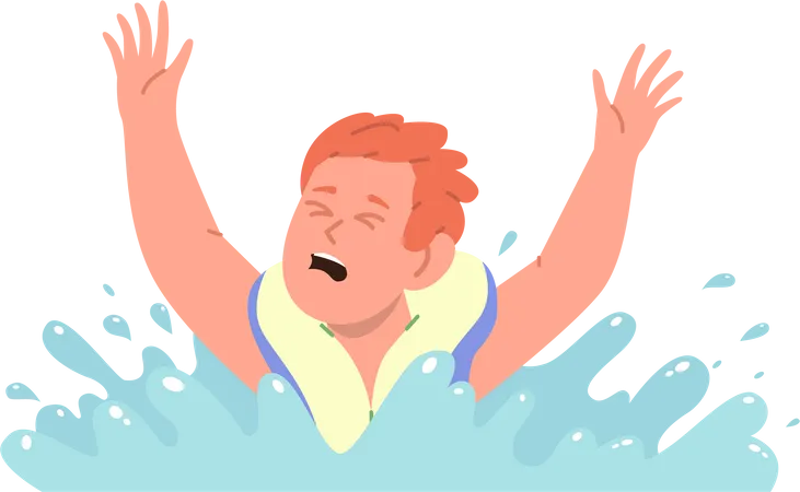 Menino usando colete salva-vidas chorando enquanto se afogava no mar  Ilustração