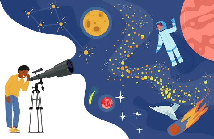 Garoto curioso olha no telescópio estudando o espaço  Ilustração