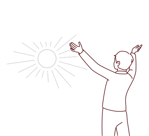 Menino aproveitando o nascer do sol da manhã  Ilustração