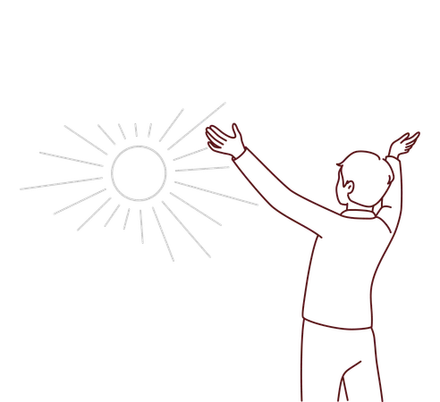 Menino aproveitando o nascer do sol da manhã  Ilustração