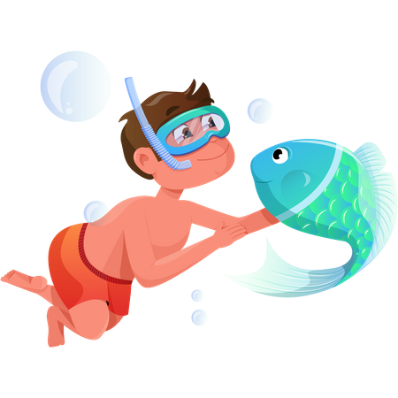 Menino se divertindo debaixo d'água com peixes  Ilustração