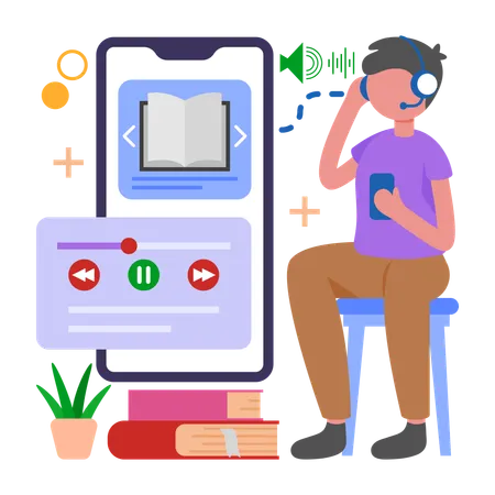 Menino se divertindo com histórias em audiolivros  Ilustração