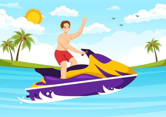 Menino desfrutando de jet ski na praia  Ilustração