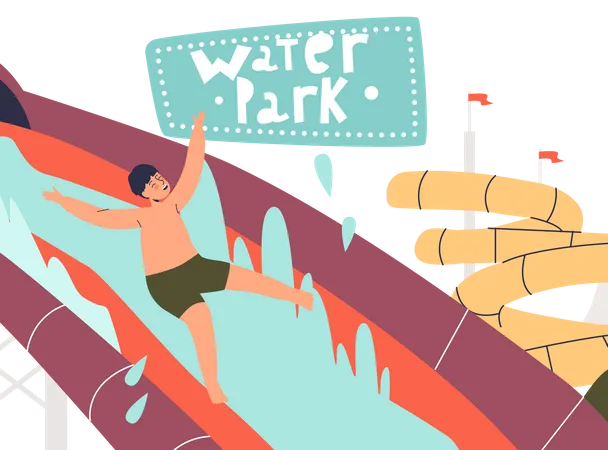 Menino se divertindo no parque aquático  Ilustração