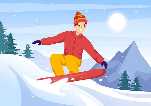 Garoto gostando de snowboard  Ilustração