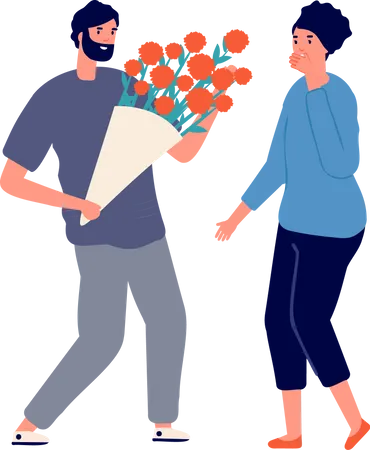 Menino dando buquê de flores para namorada  Ilustração